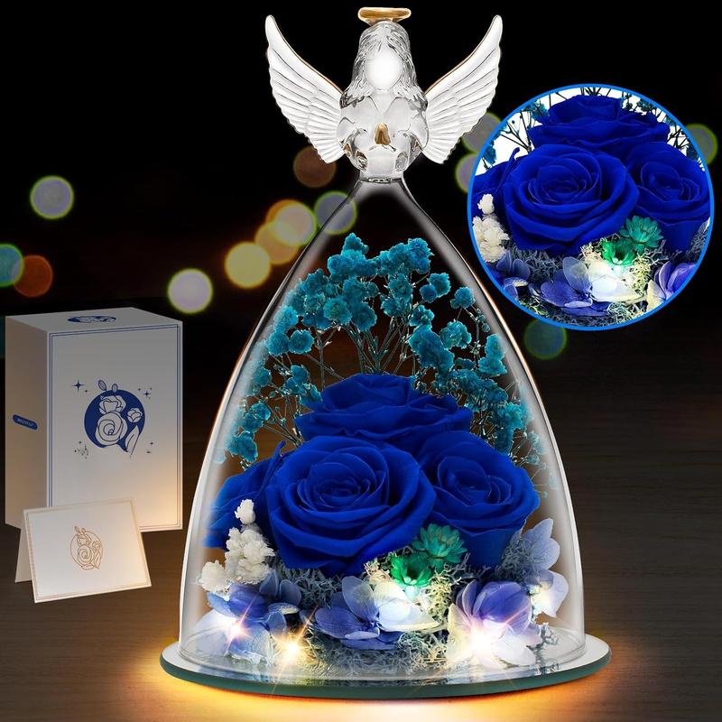 Mothers Day Rose Gifts for Mom, Preserved Flower Gifts for Grandma, 4 Blue Roses in Glass Angel Figurines with LED Light for Women, Mom gifts from Daughter, Ideal Mother's Day, Birthday Gifts for Her