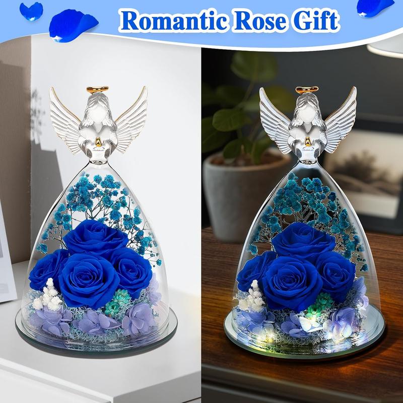 Mothers Day Rose Gifts for Mom, Preserved Flower Gifts for Grandma, 4 Blue Roses in Glass Angel Figurines with LED Light for Women, Mom gifts from Daughter, Ideal Mother's Day, Birthday Gifts for Her