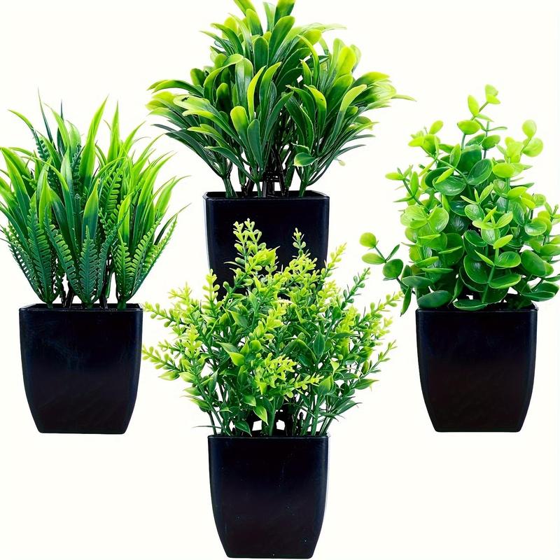 Artificial Potted Plant, 4 Counts set Mini Faux Eucalyptus Potted Plant, Small Faux Grass Greenery Potted Plants for Indoor Home Office Farmhouse Decoration