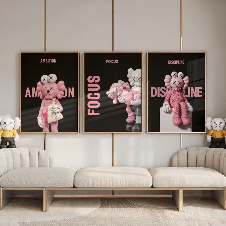 Pink KAWS Poster Set of 3 - Graffiti Hypebeast Art Room Decor Prints