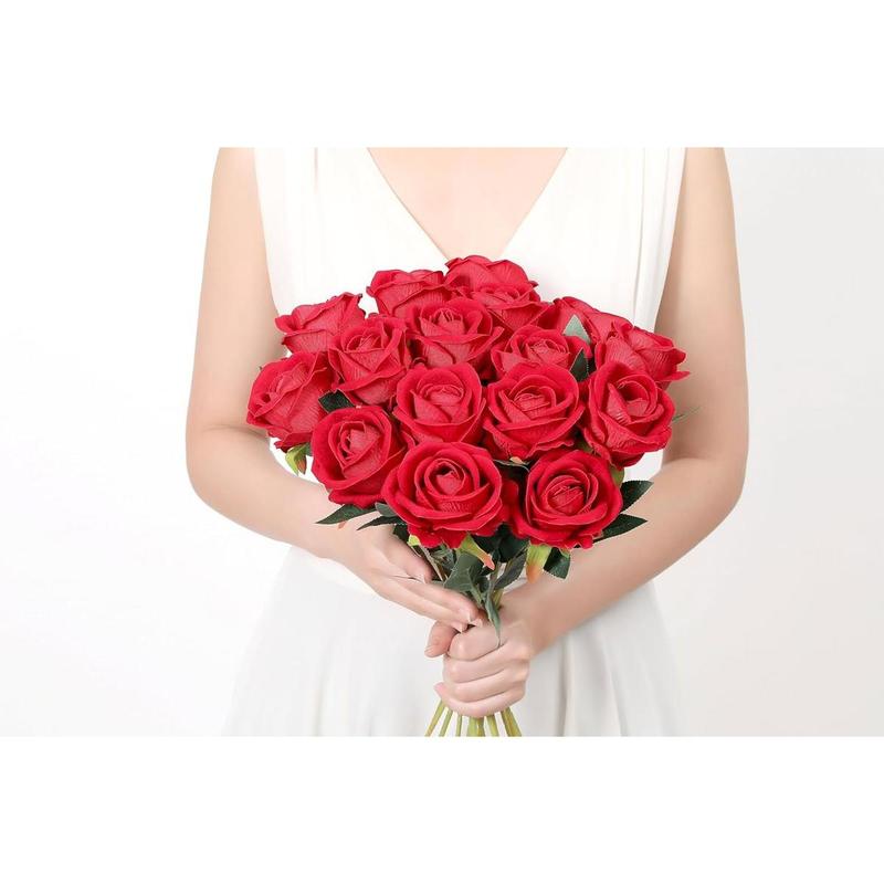 15PCS Red Roses Artificial Silk Flowers Fake Roses Bouquet with Long Stem Real Touch for Wedding Decoration Party Home Decor