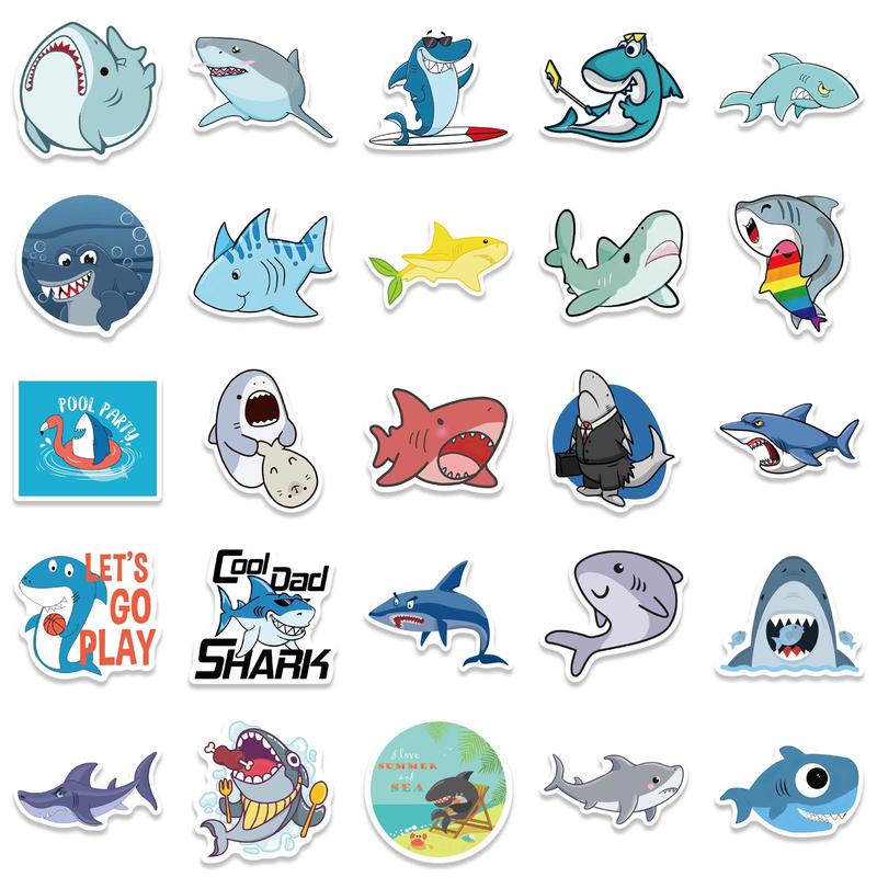 Cute Cartoon Shark Pattern Sticker (50pcs), Creative Personalized Graffiti Decorative Sticker, DIY Decorative Sticker for Phone, Notebook, Handbook