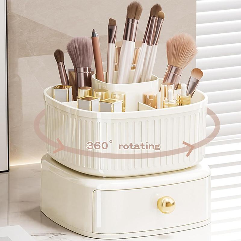 360° Rotating Makeup Brush Holder Organizer with Drawer, Cosmetic Makeup Organizers Countertop, Makeup organization and Skincare Storage for Vanity, Desktop, Bathroom (White) Boxes