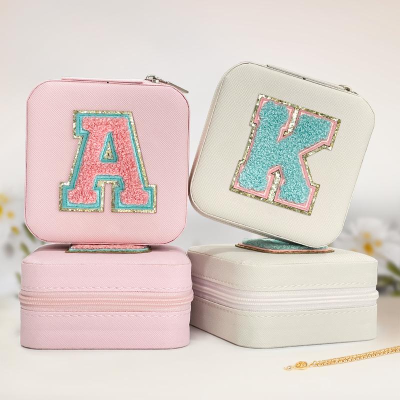 SANDJEST Personalized Pink Travel Jewelry Box Alphabet, Monogrammed Jewelry Case Organizer for Girls Women, Gifts for Birthday Christmas Bridesmaids