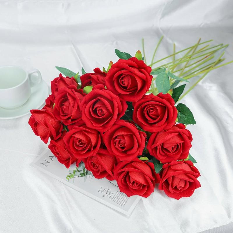 15PCS Red Roses Artificial Silk Flowers Fake Roses Bouquet with Long Stem Real Touch for Wedding Decoration Party Home Decor