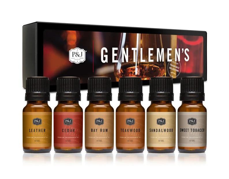 P&J Trading Gentlemen's Set of 6 Fragrance Oils - Leather,  Teakwood, Bay Rum, Cedar, Sandalwood