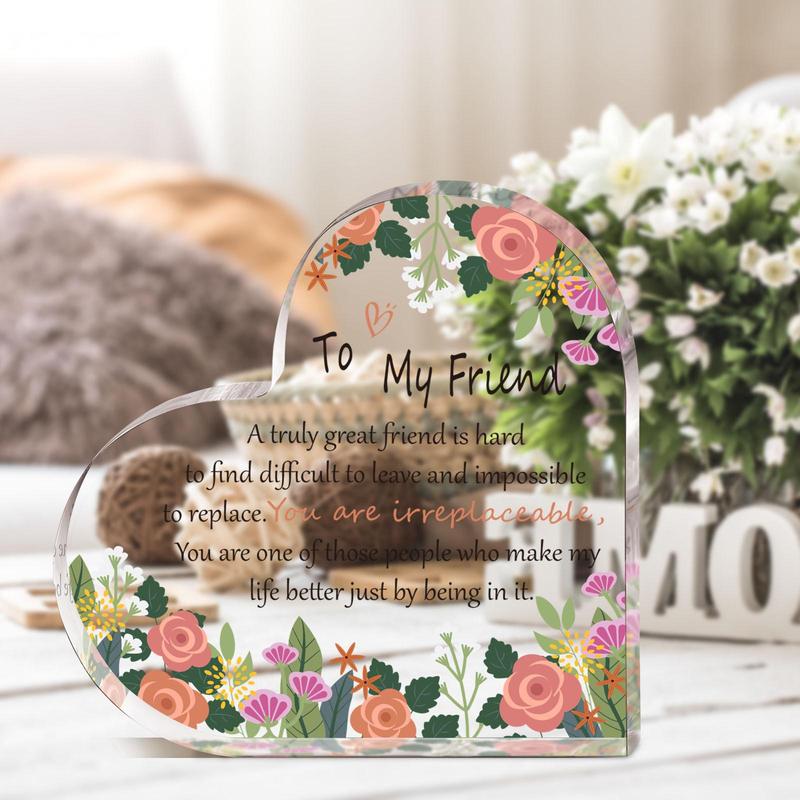 Heart Shaped Acrylic Plaque, 1 Count Flower Pattern Acrylic Ornament, Desktop Decoration for Home Office, Gift for Friend