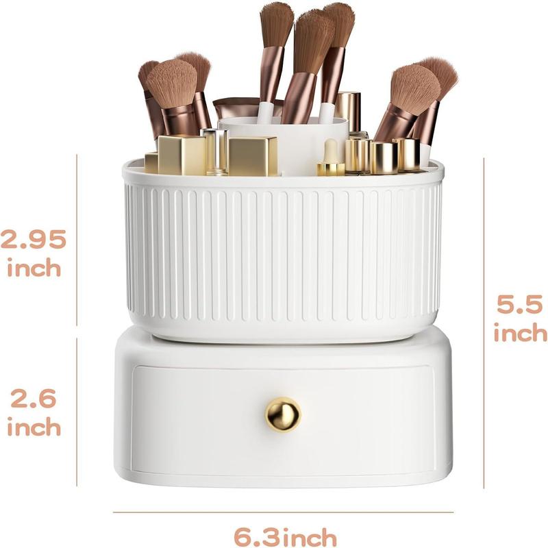 360° Rotating Makeup Brush Holder Organizer with Drawer, Cosmetic Makeup Organizers Countertop, Makeup organization and Skincare Storage for Vanity, Desktop, Bathroom (White) Boxes