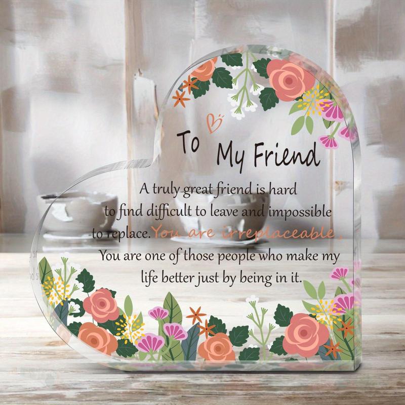 Heart Shaped Acrylic Plaque, 1 Count Flower Pattern Acrylic Ornament, Desktop Decoration for Home Office, Gift for Friend