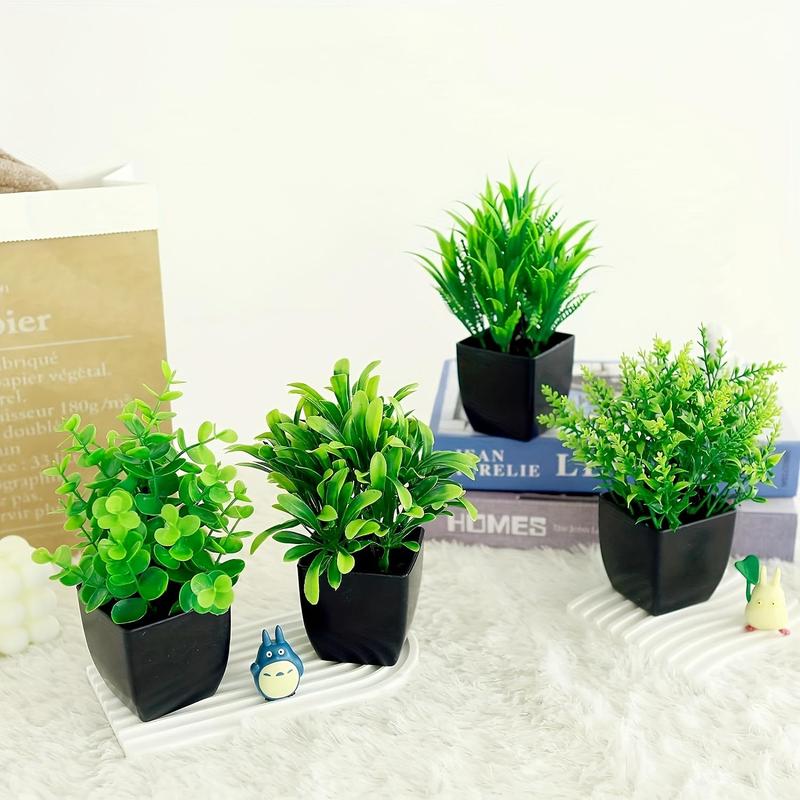 Artificial Potted Plant, 4 Counts set Mini Faux Eucalyptus Potted Plant, Small Faux Grass Greenery Potted Plants for Indoor Home Office Farmhouse Decoration