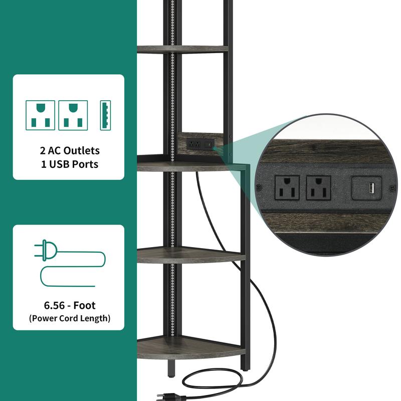 YITAHOME Corner Shelf with Power Outlets & LED Lights & Glass Holder, 5 Tier Corner Bar Rack, Corner Bookshelf Bookcase Display Shelves for Living Room, Dining Room, Kitchen