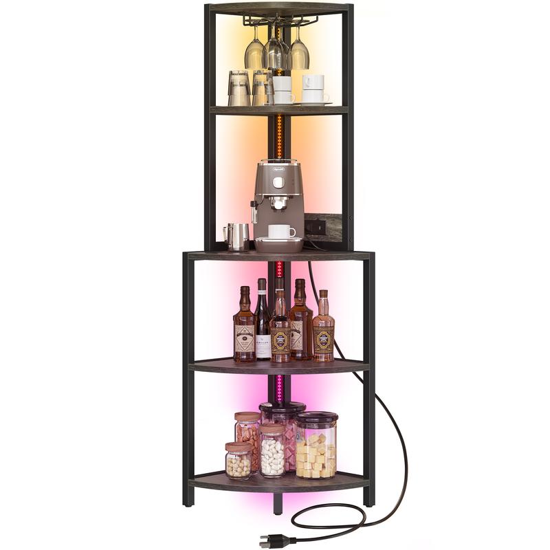 YITAHOME Corner Shelf with Power Outlets & LED Lights & Glass Holder, 5 Tier Corner Bar Rack, Corner Bookshelf Bookcase Display Shelves for Living Room, Dining Room, Kitchen