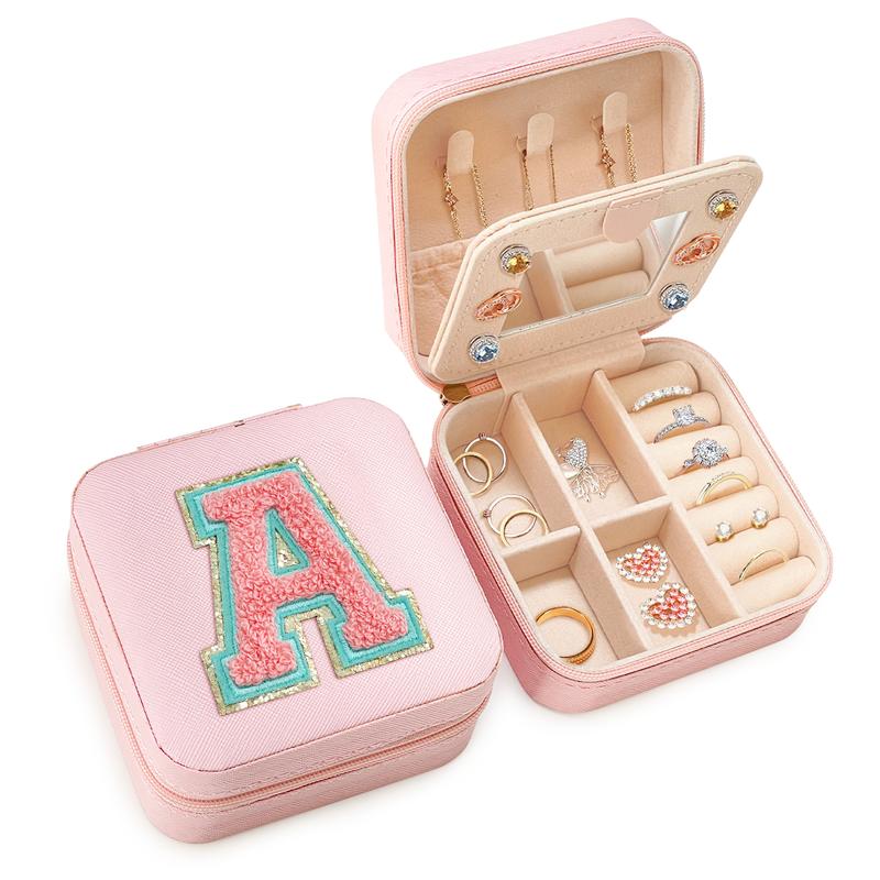 SANDJEST Personalized Pink Travel Jewelry Box Alphabet, Monogrammed Jewelry Case Organizer for Girls Women, Gifts for Birthday Christmas Bridesmaids