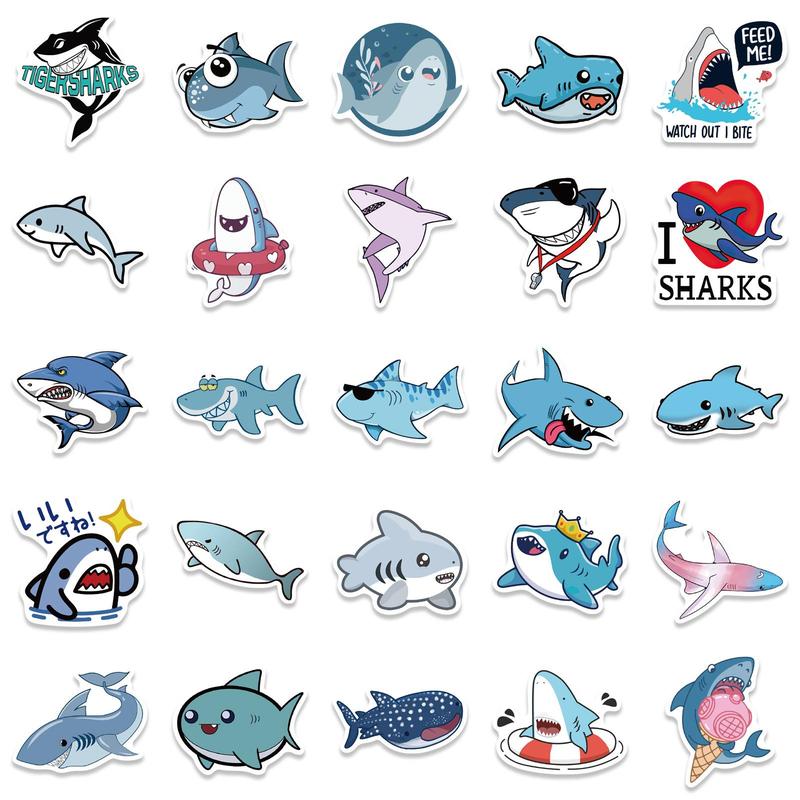 Cute Cartoon Shark Pattern Sticker (50pcs), Creative Personalized Graffiti Decorative Sticker, DIY Decorative Sticker for Phone, Notebook, Handbook