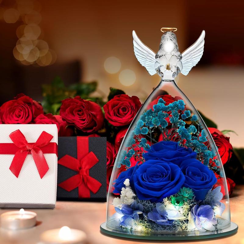 Mothers Day Rose Gifts for Mom, Preserved Flower Gifts for Grandma, 4 Blue Roses in Glass Angel Figurines with LED Light for Women, Mom gifts from Daughter, Ideal Mother's Day, Birthday Gifts for Her