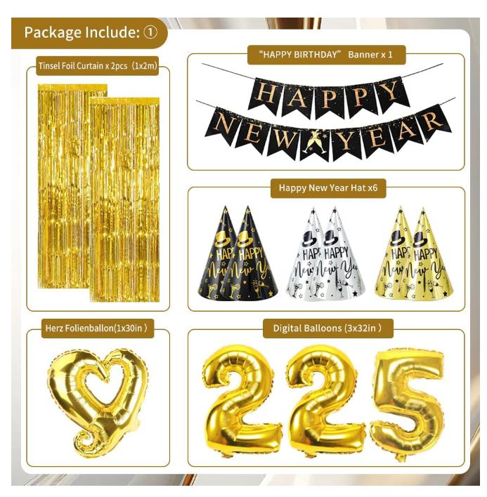 New Years Eve Party Supplies 2025, Black Gold Silver 2025 Happy New Year Decorations Kit with Happy New Year Banner, Hats, Glasses, Blowouts, Latex Balloons, Honeycomb, Curtains, Foil Balloons 2025