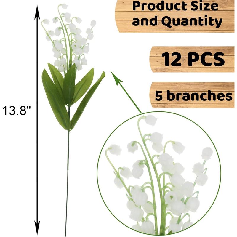 12 Pcs Artificial Lily of The Valley Faux White Bell Flowers Wind Chime Orchid Wedding Bouquet, May Flower for Home Garden Wedding Party (12) Decor Decorative Fruit Plants