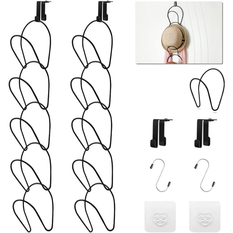 Hat Rack Caps Rack Holder,10 Rings Hat Organizer Cap Holder Organizer (Door Hooks and Sticky Hooks Include),Door Wall Clothes Rod Hanger Storage Hat Organizer for Baseball, Caps, Towel (round, black) Hangable