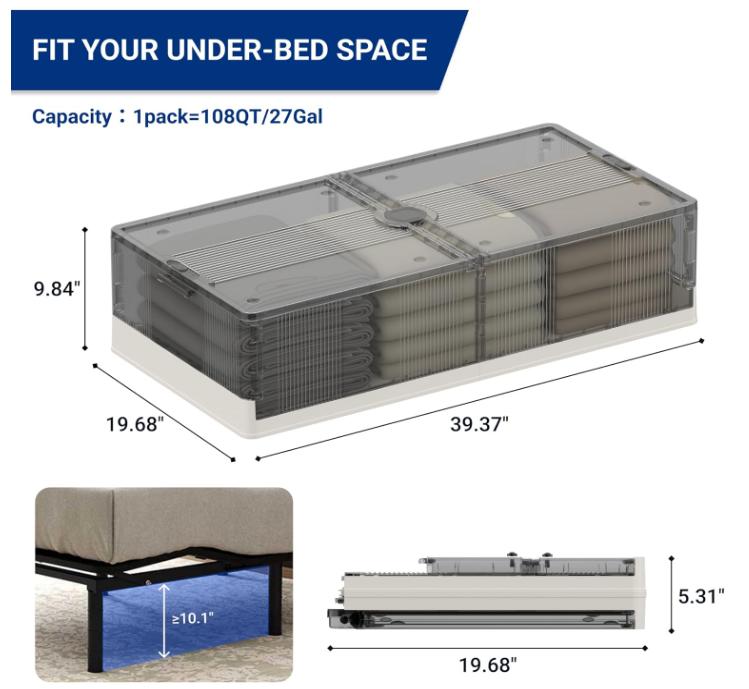 Under Bed Storage with Wheels, 108 QT Foldable Containers, Collapsible and Stackable Underbed Organizer Bins for Clothes, Blankets, Shoes, and Books Boxes