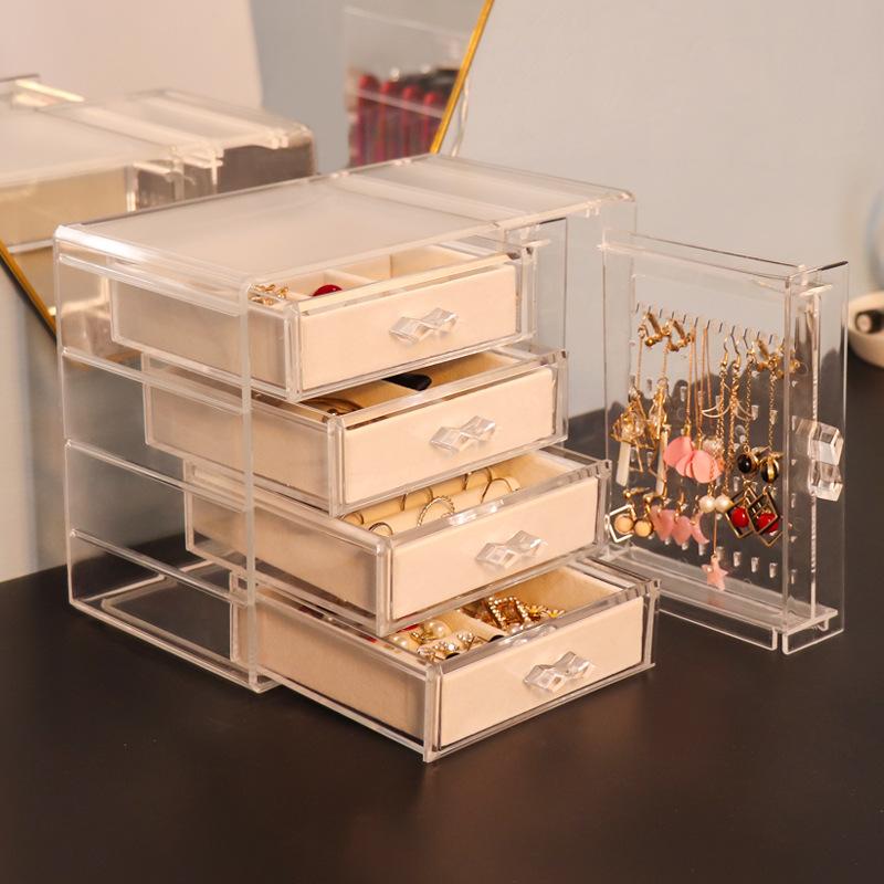 Acrylic Jewelry Organizer with 4 Drawers Clear Acrylic Jewelry Box Gift for Women Mens Kids and Little Girl Stackable Velvet Earring Display Holder For Earrings Ring Bracelet Necklace Holder