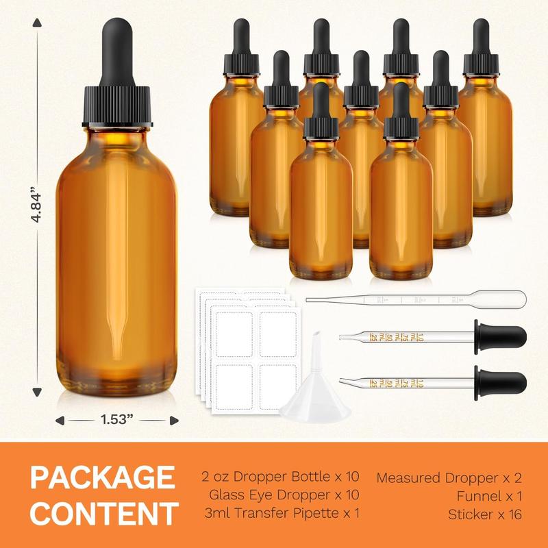 Dropper Bottle 2 oz, 10 Pack Glass Eye Dropper Bottles with Labels and Funnel, Tincture Bottle with Measured Dropper - Leakproof Essential Oils Bottles