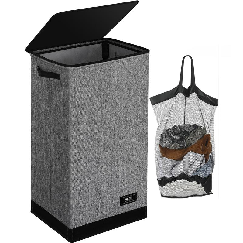 SOLEDI Laundry Hamper Black with Lid and Removable Bag - 100L Large and Tall Laundry Basket Collapsible with Handle for Clothing and Toys Storage - Dirty Clothes Hamper for Bedroom, bathroom, dorm Organiser