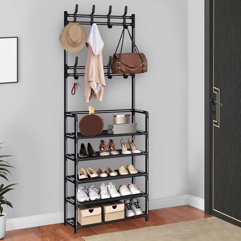 Coat and shoe rack organiser with 5 tiers for shoes and hats, 8 hooks, suitable for bedrooms, hallways, dorms; free-standing and easy to assemble.