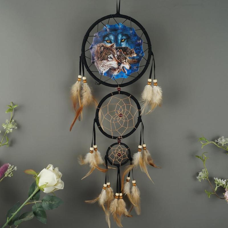 Triple Circles Wolf Eagle Bear Unicorn Dream Catcher Bedroom Wall Decor, Christmas Home Decoration, Room Accessory, White Moon  Decoration -  Home Craft Wall Pendant (A 12Wolves)