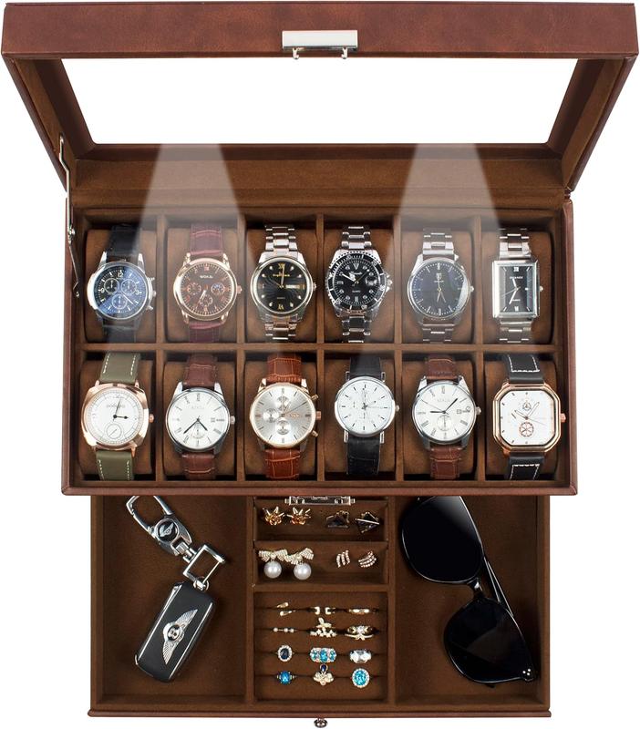 Watch Box 12 Slot Watch Display Organizer Leather Jewelry Case Drawer Glass Birthday for Men Women, Child Husband Dad GK-012-BROWN-LED-24