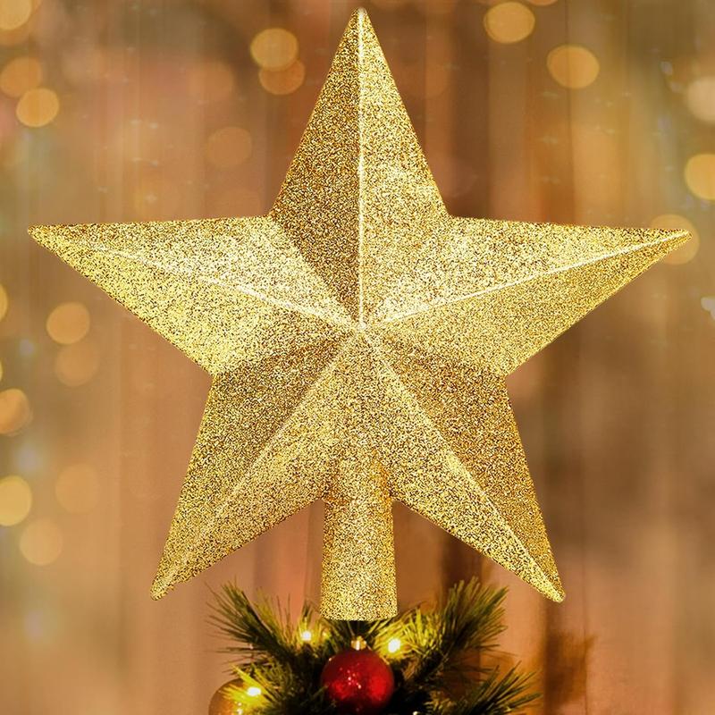 Christmas Ornament,The top of the Christmas tree is decorated with sparkling stars and five pointed stars in gold silver christmas decorations