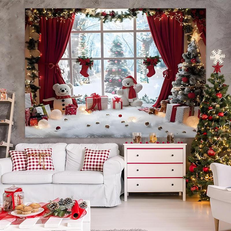 Christmas Themed Window Pattern Backdrop, 1 Count Winter Holiday Party Decoration, Festive Backdrop for Home Living Room Bedroom Kitchen Decor