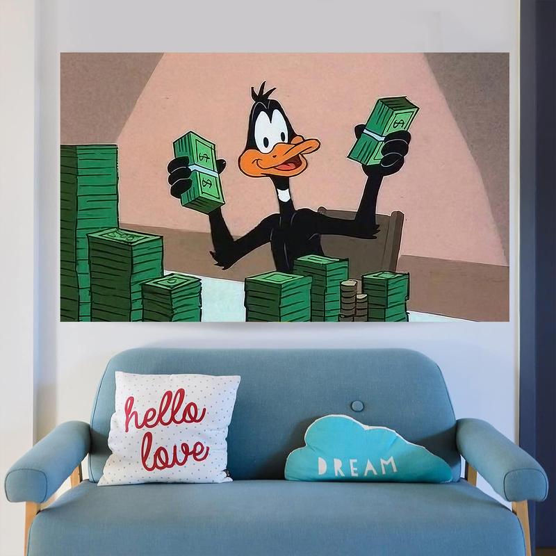 Cartoon Duck & Cash PatternTapestry Funny  Duck Counting money with both hands 3x5Ft Inspirational Motivationa  Wall Dorm Decor