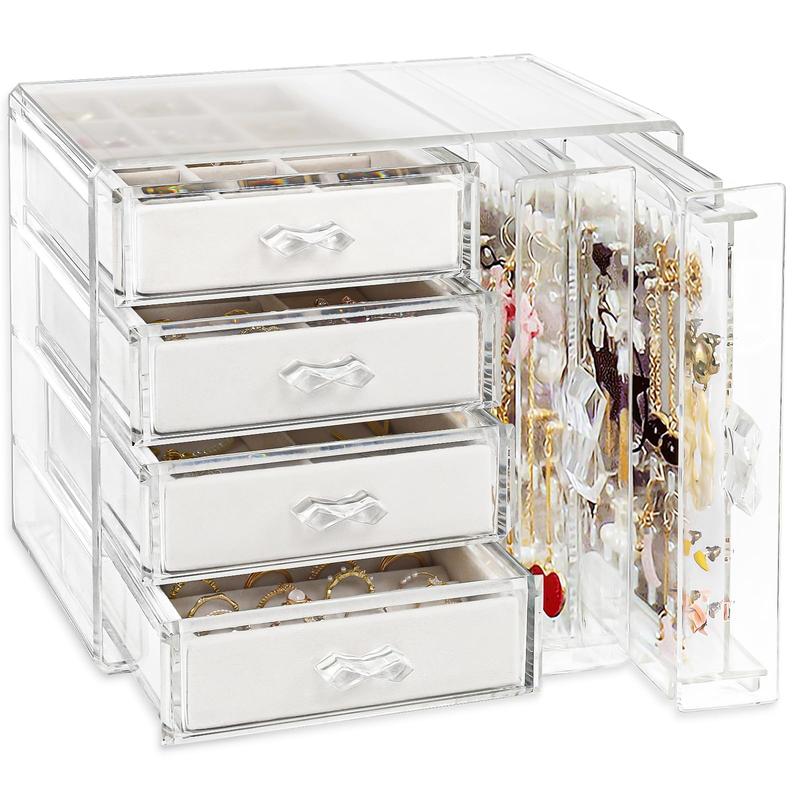 Acrylic Jewelry Organizer with 4 Drawers Clear Acrylic Jewelry Box Gift for Women Mens Kids and Little Girl Stackable Velvet Earring Display Holder For Earrings Ring Bracelet Necklace Holder