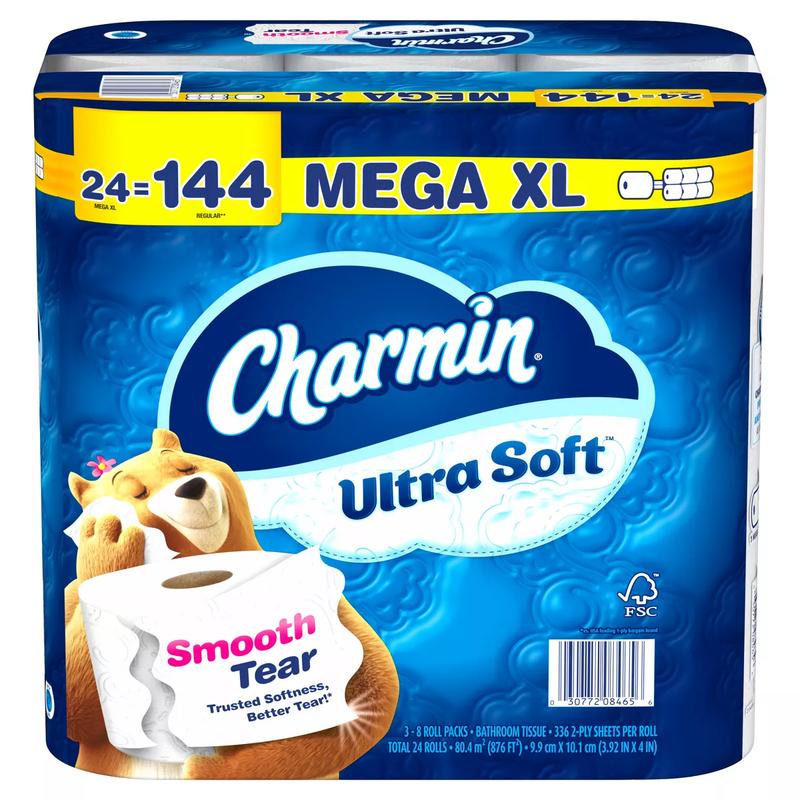 Charmin Ultra Soft Toilet Paper Pack contains 24 Mega XL Rolls (336 Sheets Per Roll) Tissue Bath Smooth Wipes