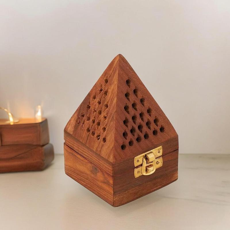 Traditional-Handmade-Burner Wooden-Incense-Stick-Holder Ash-Catcher-Stand for-Aromatherapy-Meditation-Yoga (5 Inch Temple Wooden Charcoal Cone) Lemon Freshener Perfume Fragrance Woody Scented Scent