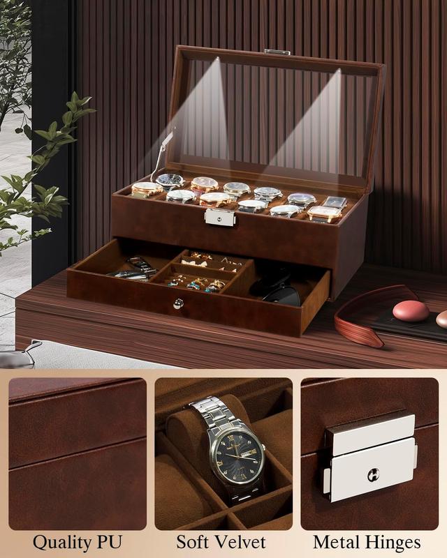 Watch Box 12 Slot Watch Display Organizer Leather Jewelry Case Drawer Glass Birthday for Men Women, Child Husband Dad GK-012-BROWN-LED-24