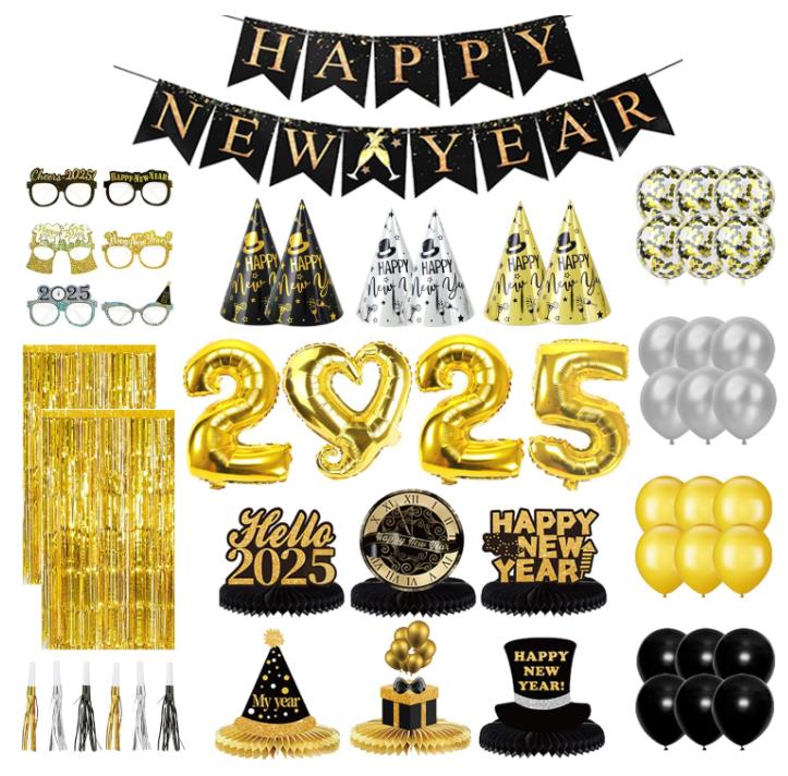 New Years Eve Party Supplies 2025, Black Gold Silver 2025 Happy New Year Decorations Kit with Happy New Year Banner, Hats, Glasses, Blowouts, Latex Balloons, Honeycomb, Curtains, Foil Balloons 2025