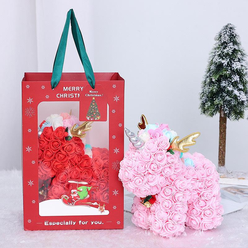 25cm Preserved Fresh Flower Rose Bear Creative Christmas Gift Rose Bear for Girls Unicorn PE Foam Bear