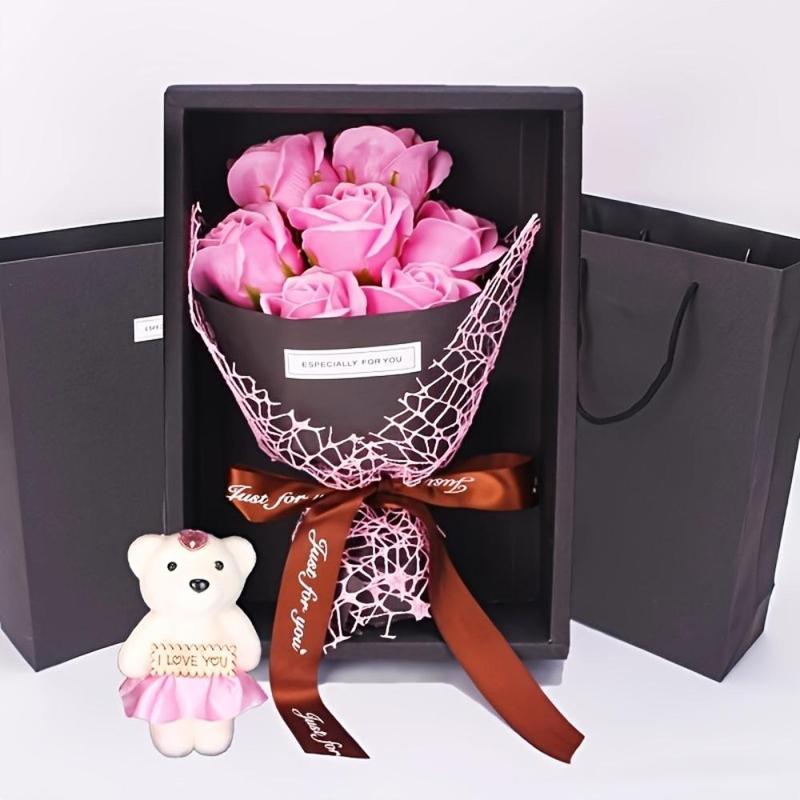 Boutique Rose Gift Box, 1 Set Artificial Rose Soap Flower Bear Cartoon Doll Bouquet Gift Box, Romantic Eternal Rose Bouquet, Deluxe Gift Box Set, Simulated Rose Desktop Bedroom, Unique Creative Gift for Birthday，christmas Gifts, Christmas Bouquets