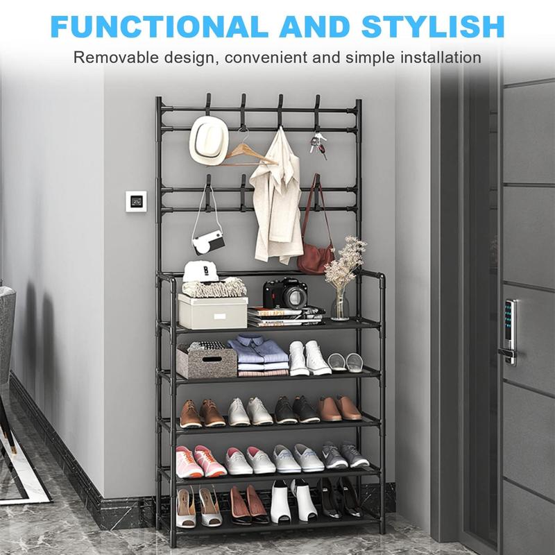 Coat and shoe rack organiser with 5 tiers for shoes and hats, 8 hooks, suitable for bedrooms, hallways, dorms; free-standing and easy to assemble.