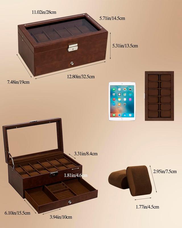 Watch Box 12 Slot Watch Display Organizer Leather Jewelry Case Drawer Glass Birthday for Men Women, Child Husband Dad GK-012-BROWN-LED-24