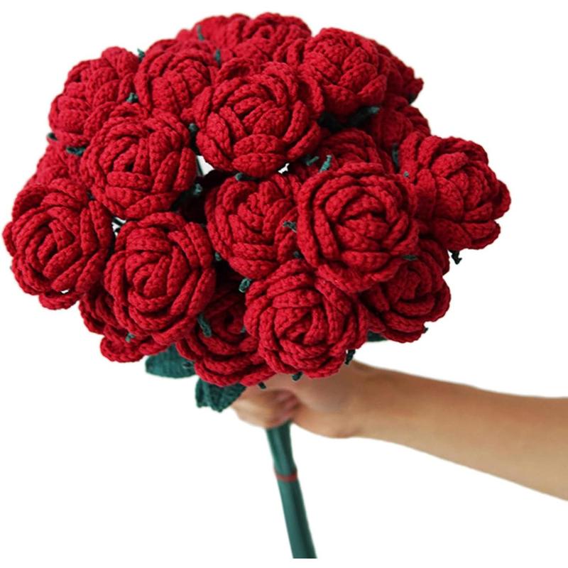 6pcs Diy Crochet Bouquets Finished Handmade Artificial Flowers Valentine's Day, Mother's Day Knitted Red Roses Cotton Decor Ornaments