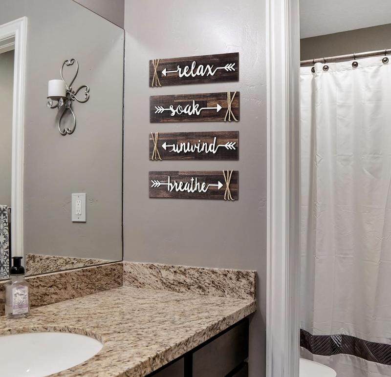 4 Pieces Bathroom Decor Wall Art Farmhouse Bathroom Decor Soak Relax Unwind Breathe Wooden Signs Rustic Bathroom Decor with Arrow Vintage Country Bathroom Decor for Home Laundry Room