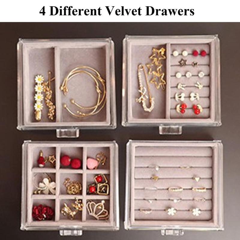 Acrylic Jewelry Organizer with 4 Drawers Clear Acrylic Jewelry Box Gift for Women Mens Kids and Little Girl Stackable Velvet Earring Display Holder For Earrings Ring Bracelet Necklace Holder