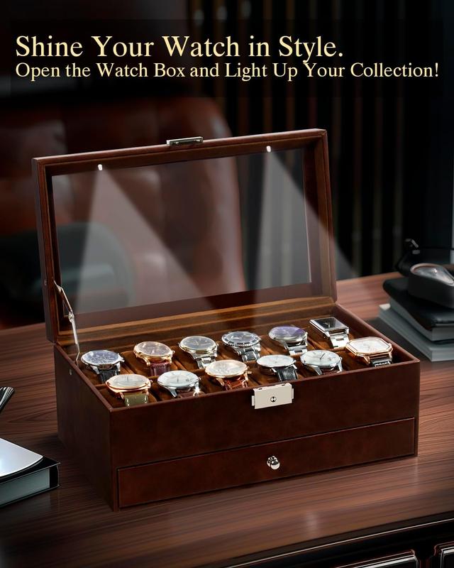 Watch Box 12 Slot Watch Display Organizer Leather Jewelry Case Drawer Glass Birthday for Men Women, Child Husband Dad GK-012-BROWN-LED-24