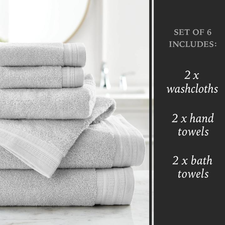 6 Piece Bath Towel Set with Upgraded Softness & Durability, Grey Cotton Border - Platinum Silver