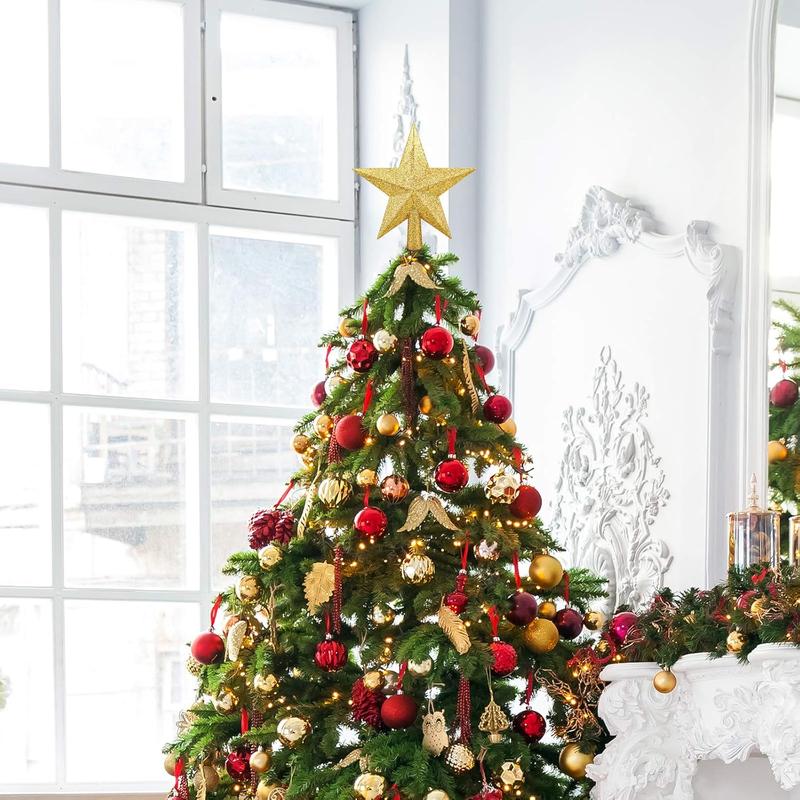 Christmas Ornament,The top of the Christmas tree is decorated with sparkling stars and five pointed stars in gold silver christmas decorations