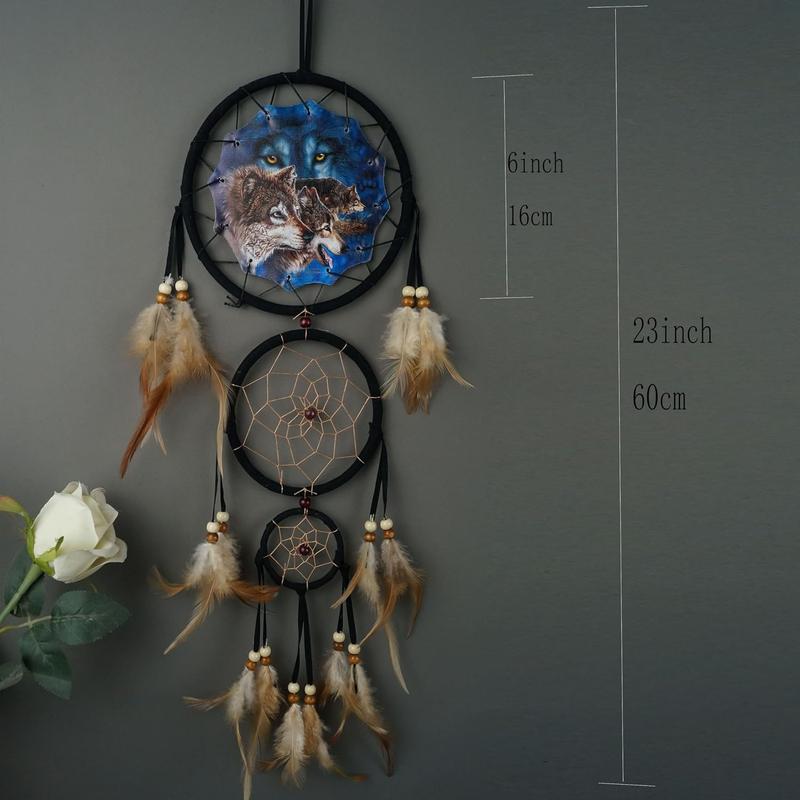 Triple Circles Wolf Eagle Bear Unicorn Dream Catcher Bedroom Wall Decor, Christmas Home Decoration, Room Accessory, White Moon  Decoration -  Home Craft Wall Pendant (A 12Wolves)