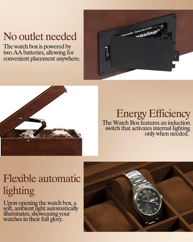 Watch Box 12 Slot Watch Display Organizer Leather Jewelry Case Drawer Glass Birthday for Men Women, Child Husband Dad GK-012-BROWN-LED-24