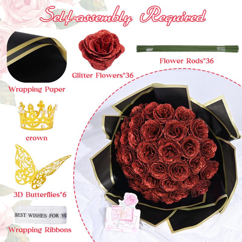 DIY Glitter Roses Bouquet, DIY Fake Glitter Flowers Bouquet, Christmas Glitter Roses Everlasting Shiny Artificial Red Pink Black Blue Purple Rose Bouquet, Anniversary, Engagement, Wedding,Gifts for Women, 24 36 Roses,Black Friday Deal.